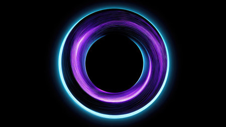 An abstract image showcases a luminous ring with flowing purple and blue light effects against a dark backdrop. The composition features a circular design with swirling elements and highlights the interplay of light and shadow. Suitable for design projects and visual concepts, this image is ideal for various commercial and editorial applications.の素材