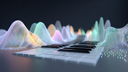 This image features a piano keyboard overlaid with an abstract representation of sound waves. The visual incorporates a modern, digital art style with soft lighting and a dark background. The scene suggests a connection between music and technology, suitable for various editorial and promotional applications.の素材
