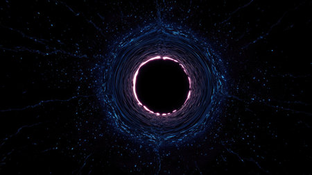 An artistic representation presents a black hole within a dark space. The central void is surrounded by swirling, luminous lines and cosmic particles. The design features a blend of deep blues, purples, and radiant pink hues, creating a sense of depth and movement. It is suitable for scientific visualizations and digital art projects.の素材