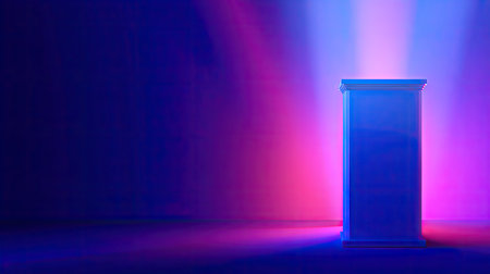 A pristine podium stands illuminated by dynamic lighting in a studio setting. The composition showcases a modern aesthetic with contrasting colors and an interplay of light and shadow. Suitable for presentations, advertising, or conceptual visuals, the scene emphasizes a minimalist, clean design, well-suited for a variety of media.の素材