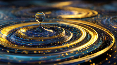 An abstract illustration depicts a water droplet suspended above radiating, swirling patterns. The image uses blue and gold tones with highlights, conveying energy and movement. It is visually appealing for artistic projects, design elements, and conceptual presentations. The image may be used in commercial and editorial contexts.の素材