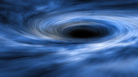 An illustration depicts a cosmic vortex with swirling blue and black colors. The composition evokes a sense of depth and movement, possibly representing a celestial event. This image could be suitable for scientific publications or designs requiring abstract themes. The imagery creates a dramatic effect suitable for varied uses.の素材