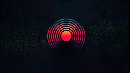 An abstract design features concentric circles in a gradient of colors including red, orange, and blue. The central focus is a circular element resembling the sun. The composition employs a dark background, creating contrast. This graphic is suitable for various commercial uses such as website design, presentations, and print media.の素材
