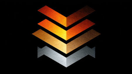 An abstract graphic presents layered chevron shapes featuring metallic gradients. The design showcases warm colors, transitioning from orange to silver against a dark backdrop. The composition is clean and modern, potentially suitable for various visual communication projects, including web design and advertising.の素材