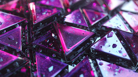 This image showcases a close-up of numerous geometric triangles. The subjects exhibit a range of colors, from purple to pink. The surfaces are reflective and the composition suggests a conceptual design. Suitable for various creative projects, this image may find application in digital art or design concepts.の素材