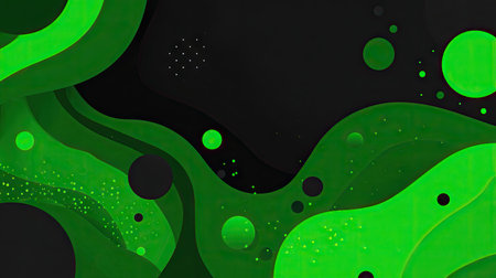 An abstract graphic features flowing green shapes layered against a dark backdrop. The composition showcases gradients, circular elements, and a dynamic arrangement suggesting movement. This visual style could be used for various purposes including website backgrounds, presentations, or commercial design projects.の素材