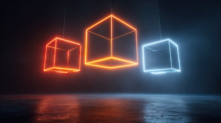 Three neon cubes, each outlined with vibrant light, hang in a dark, reflective space. The cubes display different colors: orange, red, and blue. The composition is a futuristic design, featuring high-contrast lighting and a polished floor. This artwork can be used in projects related to technology or conceptual designs.の素材