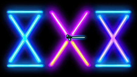 This image presents a stylized arrangement of neon lights on a dark backdrop. The composition features intersecting lines in vibrant blue, pink and yellow. This modern design suggests a futuristic or technological theme. It could be suitable for various applications, including website backgrounds, posters, and digital art projects.の素材