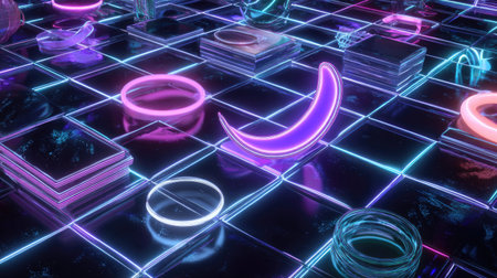 This image presents a futuristic design with various neon-colored shapes arranged on a grid. The composition showcases geometric forms such as circles, squares and a crescent. The scene is illuminated with a dark, ambient glow. Suitable for conceptual illustrations or designs related to technology, design, and digital art.の素材