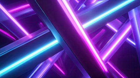 This abstract composition features intersecting neon light beams in striking blue and magenta tones. The image showcases a futuristic aesthetic with smooth textures and a contrasting dark background. The scene suggests digital artistry suitable for various commercial uses, including website design, advertising, and editorial content.の素材