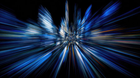 An abstract composition features dynamic blue and white light streaks extending outwards. The image showcases a digital art style with radiant effects against a dark backdrop. Suitable for various design projects, the image has potential for commercial uses such as website backgrounds or print media.の素材
