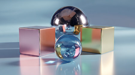 This image presents an abstract composition featuring geometric forms: a sphere, a hemisphere, and two cubes. The objects have shiny, reflective surfaces with a spectrum of colors. The composition is set against a light blue background. This visually engaging artwork could be suitable for various design, advertising, and editorial projects.の素材