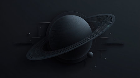 An artistic rendering presents a dark planet encircled by rings, set against a shadowy background. The composition employs a minimalist design, with smooth textures and subtle lighting. Suitable for digital projects and various commercial purposes, this image evokes a sense of depth and cosmic mystery. The visual style could complement projects related to science and design.の素材