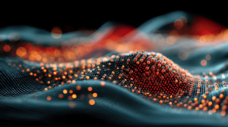 An abstract digital artwork depicts a dynamic landscape formed from countless interconnected dots and lines. The image showcases a blend of dark teal and orange tones. The style is modern, with soft focus and a flowing composition. This image could be suitable for technology presentations or visual design projects.の素材