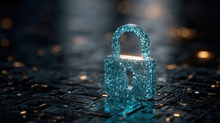 A close-up view presents a glowing padlock icon, shimmering with a textured surface, placed against a dark background that resembles a circuit board. The image is rendered with a shallow depth of field, with soft focus on the background lights. This digital artwork could be used in various commercial projects.の素材