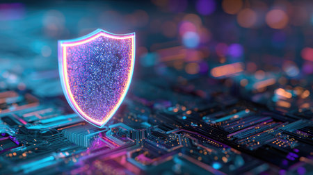 A digital shield with a vibrant glow is positioned above a complex circuit board, suggesting data protection. The composition features a shallow depth of field, with soft focus enhancing the neon effect. This image could be used in various commercial applications related to cybersecurity, technology, or data protection concepts.の素材
