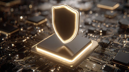 An illuminated shield, representing security, floats above circuit board components. The image emphasizes digital protection. Colors are primarily gold and black, with a focus on lighting and texture to create depth. It might be used to visualize concepts related to information technology, digital security, or data privacy.の素材