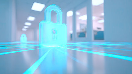 A glowing digital padlock is centered in a futuristic environment. The image uses a cool blue color palette with light beams extending across a reflective floor. The composition suggests data security and protection within a technological or business setting, potentially suitable for editorial and commercial applications.の素材