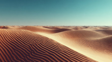 This image depicts a vast desert with rippled sand dunes stretching to the horizon. The composition features warm tones of tan and brown, contrasted by a clear, azure sky. The textured sand patterns and soft lighting suggest an outdoor environment. Suitable for a variety of commercial and editorial applications.の素材