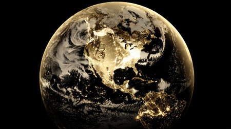 This image presents Earth at night, highlighting the continents and cloud formations. The globe is rendered with bright areas denoting city lights against a black background. The overall style is illustrative with soft lighting effects. This visual could be utilized in various commercial projects, including educational and promotional materials.の素材