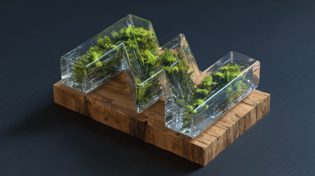 An artistic display features geometric glass containers holding vibrant green plants. The composition is set on a rustic wooden base against a dark background, showcasing clean lines and contrasting textures. This visual arrangement suggests potential use in decorative design or conceptual projects, enhancing commercial and editorial applications.の素材