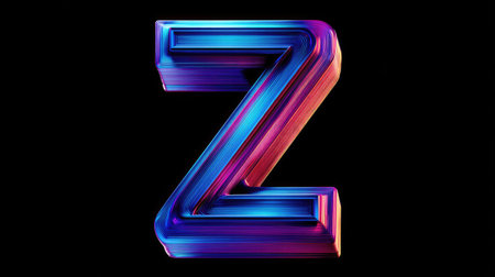This image presents a rendered 3D letter Z against a stark black background. The letter exhibits a glossy, multi-colored surface with gradients of blue, purple, and red. The lighting is focused, creating highlights and shadows. It is suitable for design, branding, or editorial content.の素材