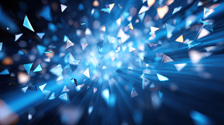 An abstract composition features a dynamic arrangement of blue and white triangular shapes. The visual style employs a blur effect suggesting motion and energy, with bright light emanating from the center. This artistic image may be suitable for conceptual illustrations, digital design backgrounds, and commercial projects.の素材