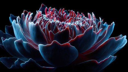 An abstract image showcases a vibrant flower with illuminated petals. The design features a blend of blue and red hues with a black background. The composition uses a high contrast, possibly for graphic design or artistic purposes. Its visual appeal lends itself to various commercial and editorial applications.の素材