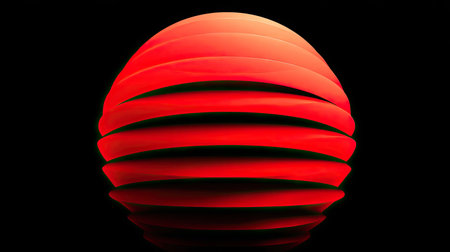A striking visual features a segmented red sphere, set against a deep black backdrop. The layered design creates depth and highlights the form. Strong lighting emphasizes the curved surfaces, creating a bold, graphic composition suitable for design projects or illustrative purposes.の素材