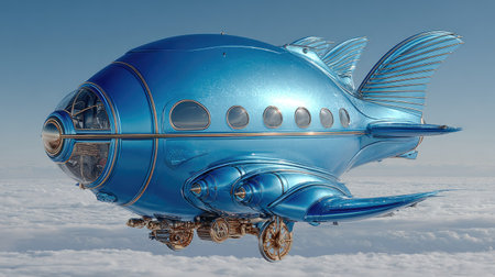 A whimsical blue airplane, possibly a concept design, is presented against a backdrop of clouds. The aircraft features a rounded fuselage and wing-like structures, with a metallic gleam. The lighting suggests an outdoor environment, possibly daytime. This image is suitable for various uses, including design, advertising, and editorial content.の素材