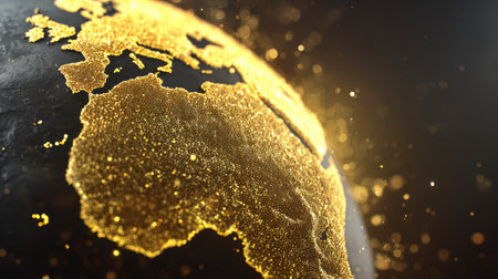 A macro shot shows a golden globe with continents highlighted against a dark background. The image features a textured surface with glowing particles. The composition is close-up, emphasizing detail. This style suggests a sophisticated, artistic design, suitable for various promotional and editorial purposes.の素材