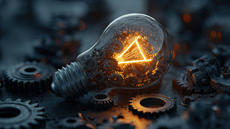 A close-up image presents a glowing lightbulb filled with gears, set against a blurred background. The composition highlights a central triangle shape within the lightbulb, illuminated with warm light. The image features a metallic color palette and a dark, industrial environment, suitable for various conceptual projects.の素材