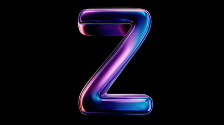 A 3D rendering presents a vibrant, metallic letter Z against a stark black background. The letter exhibits a glossy, reflective surface with gradations of blue, purple, and pink. The composition showcases a studio-style lighting setup, possibly suitable for commercial and design applications.の素材