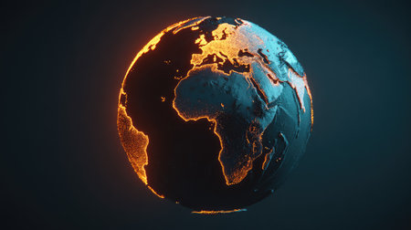 The image showcases a stylized globe with continents highlighted in warm orange hues, contrasted against cool blue oceans. It is rendered with a textured surface, possibly illustrating geographical features, set against a dark background. The lighting suggests a digital or conceptual representation, suitable for various editorial and commercial applications.の素材