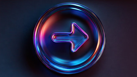 A close-up view presents a glowing arrow icon, encased within a translucent button. The color scheme features vibrant shades of red and blue, enhanced by soft lighting. The design suggests a digital interface, making it suitable for use in design projects or commercial visuals. The image's sharp focus and contrasting colors add to its impact.の素材
