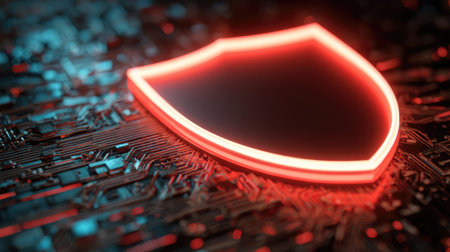 A digitally rendered image features a red glowing shield symbol positioned above a detailed circuit board. The composition highlights the shield, with a focus on its bright outline against the dark background. The image uses contrasting colors, suggesting an abstract concept related to protection and digital security. It could be suitable for various commercial uses, including technology and data-related projects.の素材