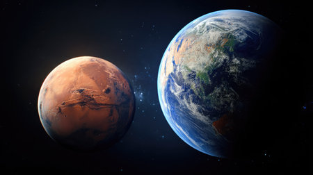 This image showcases the Earth and Mars in a deep space setting. The composition features two planets, one with a reddish-brown surface and the other with blue oceans and white clouds. The lighting suggests sunlight, emphasizing textures. This artwork can be used in projects related to space exploration or science.の素材