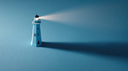 A small blue lighthouse is illuminated and casting a bright beam of light. The composition features sharp shadows on a solid blue surface. The image exhibits a clean and stylized aesthetic. Suitable for various design projects, it is adaptable to both print and digital applications.の素材
