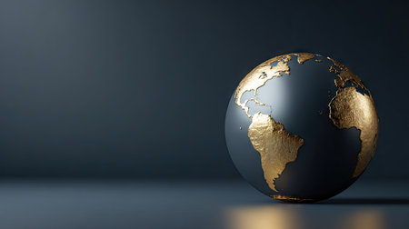 A detailed metallic globe with gold continents is set against a dark, blurred background. The image showcases a three-dimensional representation of Earth, possibly representing global commerce or environmental issues. The composition features soft lighting with copy space, suitable for various editorial and commercial applications.の素材
