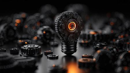 An artistic representation features a lightbulb composed of intricate gears, set against a dark backdrop. The central focus is a lightbulb with an internal, glowing core. The composition uses a shallow depth of field, with other mechanical components blurring in the background. This image could be used for conceptual or commercial projects.の素材