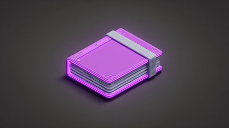 An isometric illustration showcases a purple book, bound with a strap and highlighted by a glowing outline. The visual composition is set against a dark backdrop. This image could be utilized for educational materials, design projects, and advertising content.の素材
