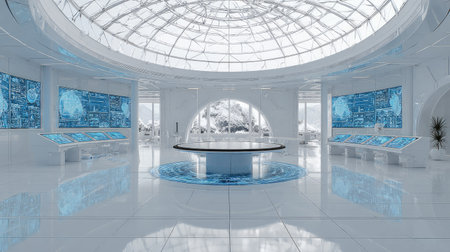 This image showcases a futuristic interior with a large dome ceiling. The scene features a clean, white design with blue accents. The composition includes multiple digital displays. Ideal for illustrating innovation, technology, or scientific concepts, this image is suitable for various commercial applications.の素材
