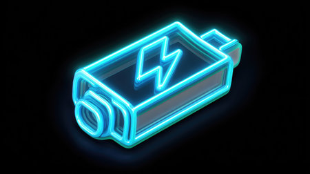 A glowing neon battery icon with a lightning bolt is set against a dark backdrop. The image features a modern, clean style with bright blue and white highlights. It appears to be an isolated graphic, ideal for various digital and commercial applications such as website design or advertising.の素材