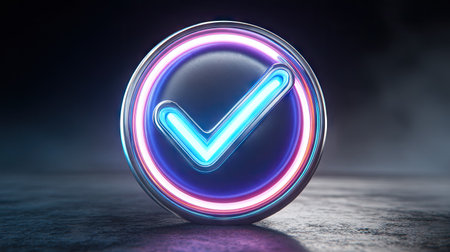 A close-up view presents a neon check mark symbol glowing against a dark, smokey backdrop. The illustration showcases a circular design with a bright, vibrant color scheme of blue and purple. The smooth metallic texture and lighting effects suggest a modern and digital aesthetic, suitable for various business or technology applications.の素材