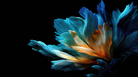 An artistic image presents a detailed view of a flower with petals in shades of blue and gold. The composition highlights a textured floral arrangement, set against a deep black backdrop. The lighting emphasizes the delicate details and colors, suitable for various design projects and editorial content.の素材