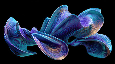 An abstract artwork features flowing, ribbon-like shapes in various shades of blue and purple. The design showcases textured elements, creating a sense of movement. The composition is set against a dark backdrop, emphasizing the vibrant colors. Suitable for various design projects and commercial applications.の素材