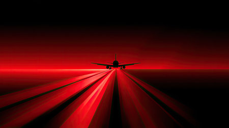 An airplane silhouette is poised against a vivid backdrop of red streaks, suggesting motion and speed. The dramatic contrast of the dark sky accentuates the bright red lines, creating an eye-catching visual. This imagery is suitable for various commercial uses, including transportation, travel, and design projects. The composition and style are ideal for advertising and editorial concepts.の素材