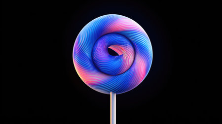 An artistic lollipop with a swirling design is presented against a stark black backdrop. The vibrant colors transition smoothly, creating a visually dynamic effect. The style is modern with smooth gradients. This image could be used for various design, marketing, or promotional materials needing a clean, eye-catching visual element.の素材