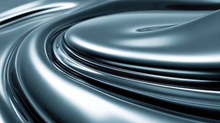 This image features a close-up of a swirling, metallic surface with smooth, flowing curves. The dominant color is a cool, silver-gray with highlights creating reflections. The style is abstract and modern, possibly suggesting a fluid substance. It could be used for backgrounds or to represent concepts related to technology and design.の素材