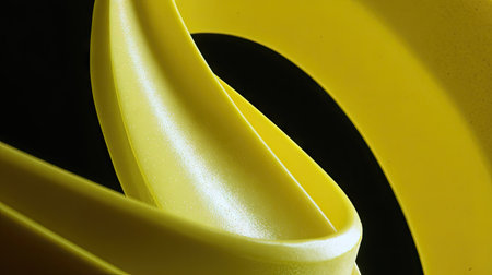 An abstract digital artwork features flowing yellow forms against a dark backdrop. The composition showcases smooth curves and gradients creating a sense of movement. The piece utilizes a high-contrast style and could be employed for design projects, marketing materials, or visual content creation.の素材